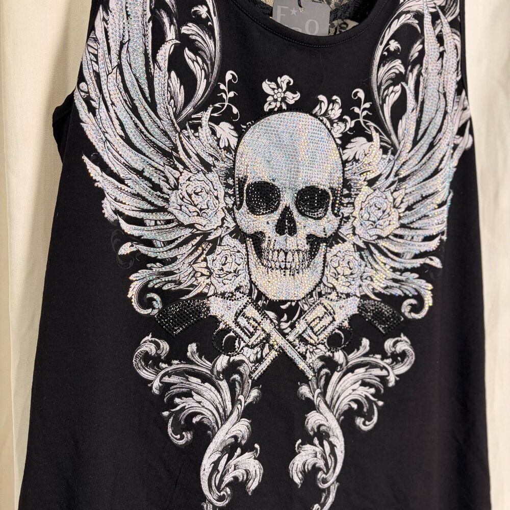 Gothic Skull Rhinestone Tank Top Lace Back Cross Bones Y2K Grunge Biker Bling 2X - Picture 2 of 6